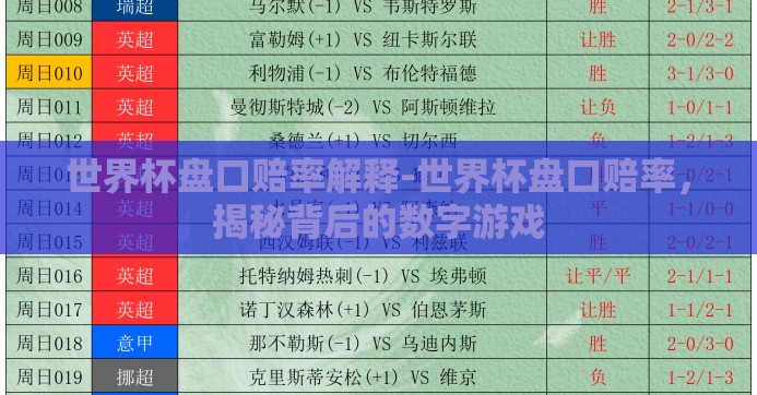 世界杯盘口赔率解释-世界杯盘口赔率，揭秘背后的数字游戏