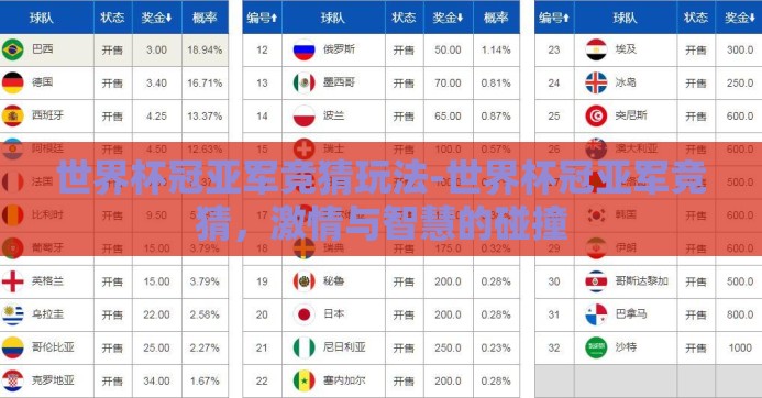 世界杯冠亚军竞猜玩法-世界杯冠亚军竞猜，激情与智慧的碰撞